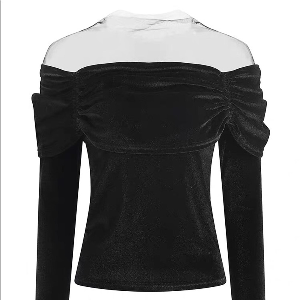 Korean off the shoulder mesh ruffle velvet top